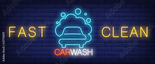 Fast clean, carwash neon text with car in foam. Car wash service concept. Advertisement design. Night bright neon sign, colorful billboard, light banner. Vector illustration in neon style.