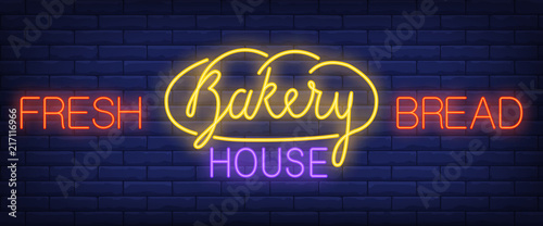Fresh bread, bakery house neon text. Bakery shop and pastry concept. Advertisement design. Night bright neon sign, colorful billboard, light banner. Vector illustration in neon style.