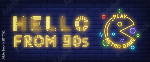 Hello from nineties, play retro game neon text with character. Entertainment ...