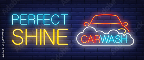 Perfect shine, carwash neon text with car and foam. Transport and car wash station or service concept. Night bright neon sign, colorful billboard, light banner. Vector illustration in neon style.
