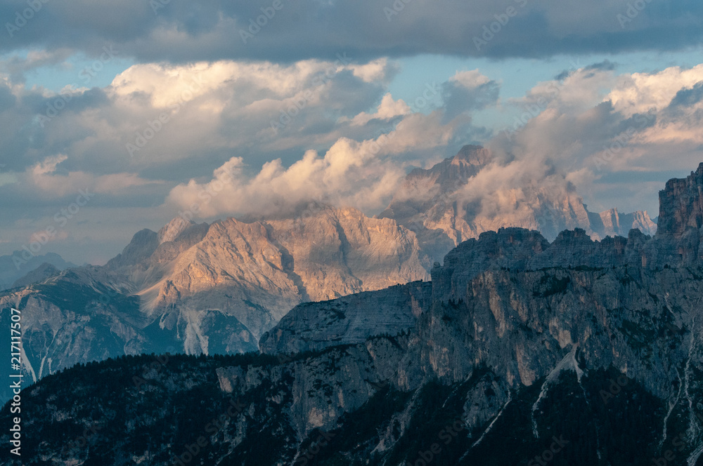 Landscape shot at the Passo di Giau, in the the Italian Dolomites, during the Golden Hour.