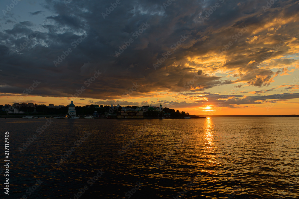 July 5, 2014: The embankment of the Volga River in the city of Cheboksary at sunset. Cheboksary. Russia.
