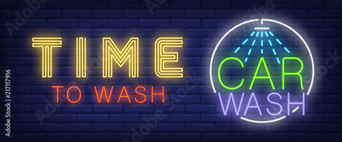 Time to wash, carwash neon text with shower. Transport and car wash service concept. Advertisement design. Night bright neon sign, colorful billboard, light banner. Vector illustration in neon style.
