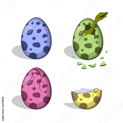 Dinosaur eggs in cartoon style. Isolated image of broken colorful object.   Dino icons. Vector illustration