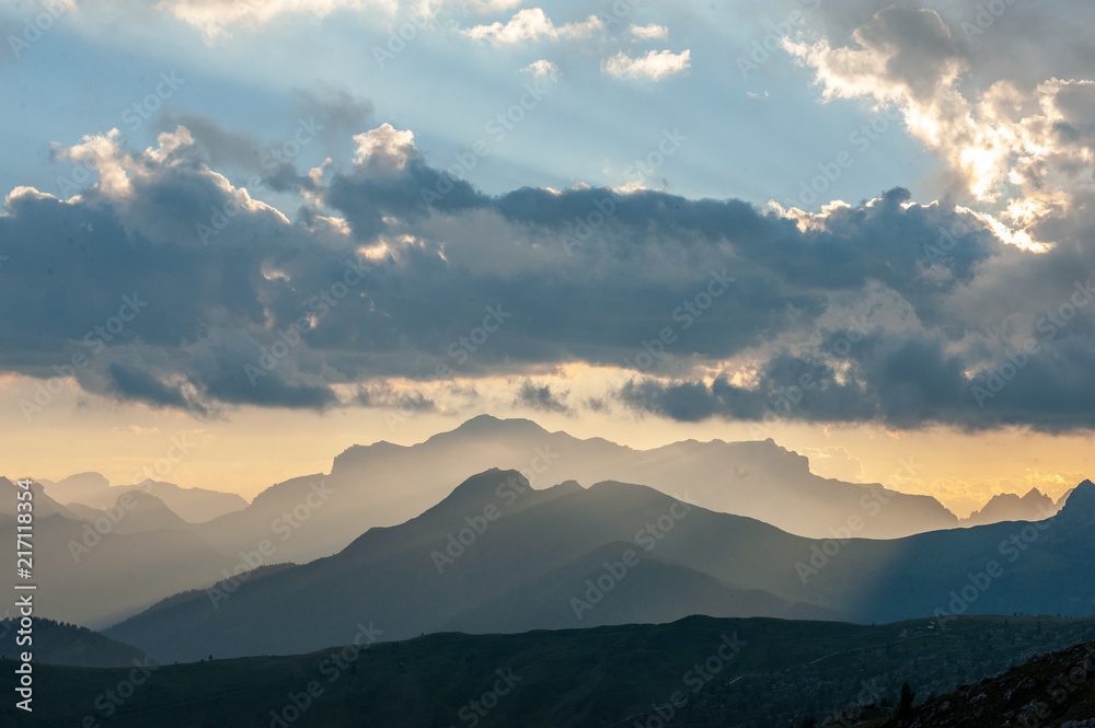 Landscape shot at the Passo di Giau, in the the Italian Dolomites, during the Golden Hour.