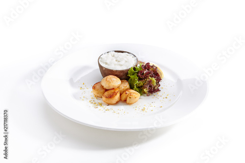 Fried Sea Scallop with White Sauce Isolated