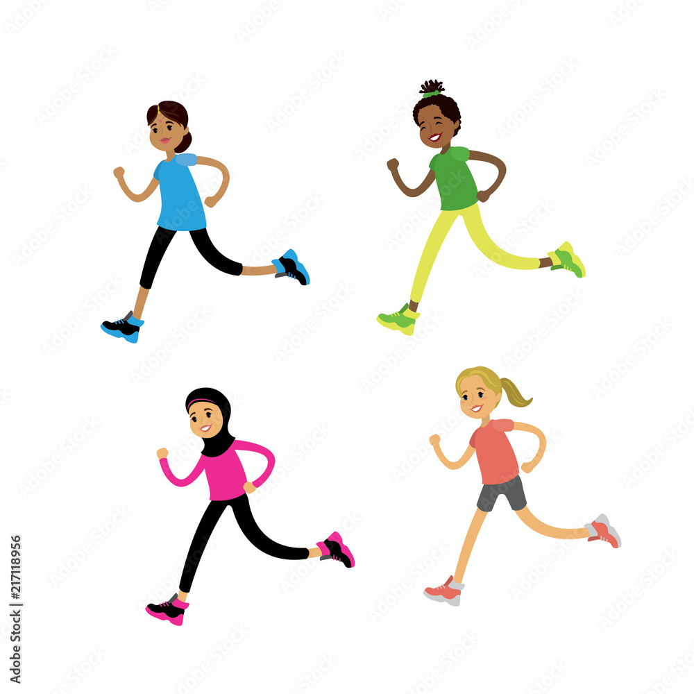 Set of Running Women,female of different nations and races,