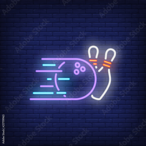 Throwing bowling pins neon sign. Fast bowling ball rolling on pins. Night bright advertisement. Vector illustration in neon style for success and leisure
