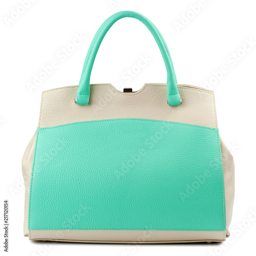 Turquoise women handbag isolated on white background.