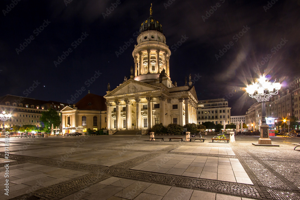 French Cathedral at the Gendarmenmarkt at night, Berlin, Germany