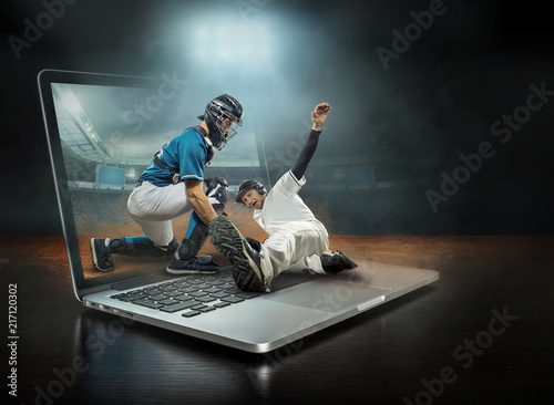 Wall Mural Caucasian baseball Players in dynamic action with ball