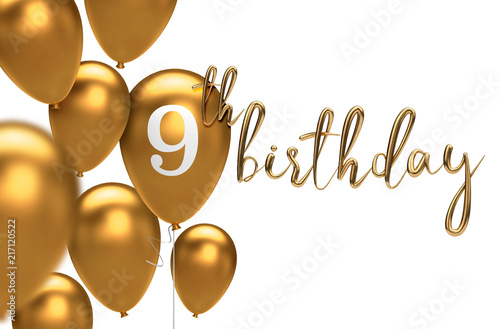 Canvas Print Gold Happy 9th birthday balloon greeting background. 3D Rendering
