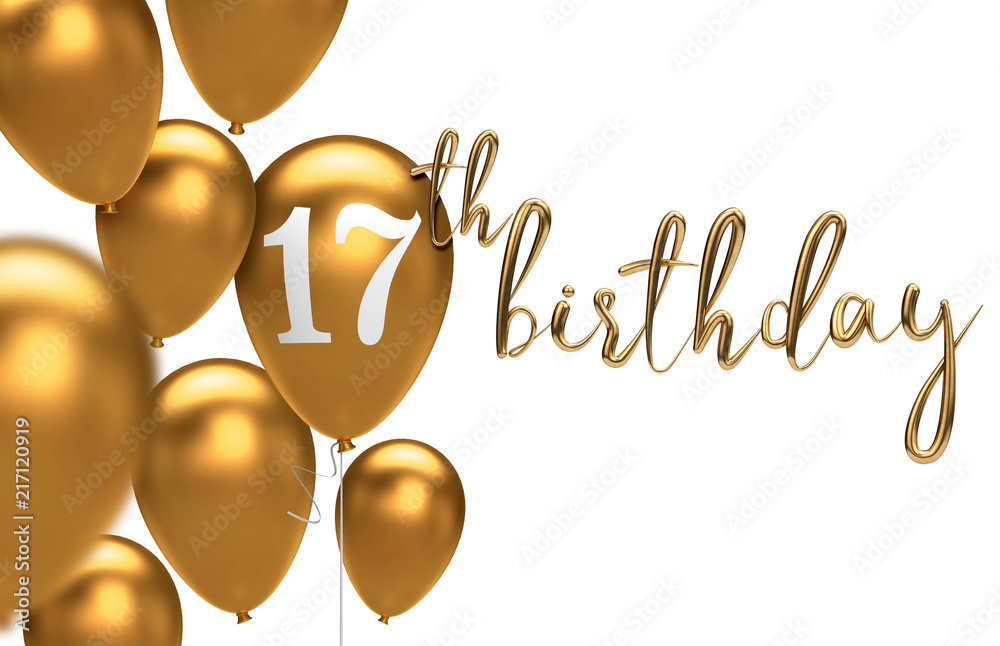 Gold Happy 17th birthday balloon greeting background. 3D Rendering Иллюстрация Stock