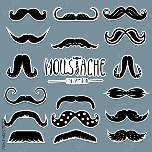 Moustache set collection used for photo booth props and party. Vector illustration isolated black and white 