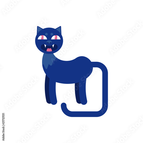 Dark cat with canine teeth and long tail side view isolated on white background - vector illustration of domestic or wild animal for natural or halloween design in flat style.