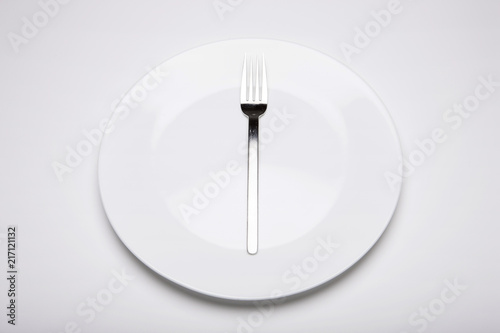 empty white dish with a fork on the white bottom.