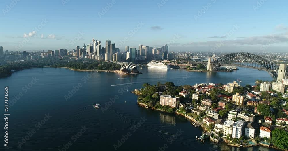 Close to Kirribilli residential suburb on Sydney’s Lower North Shore in view of city CBD landmarks and Harbour bridge in aerial panning.
Close to Kirribilli residential suburb on Sydney’s Lower North Shore in view of city CBD landmarks and Harbour bridge in aerial panning.