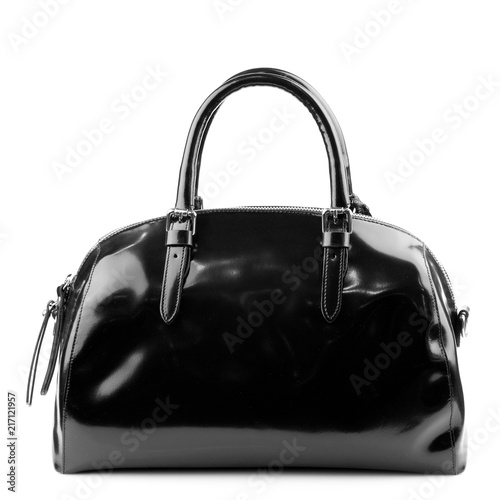 Black handbag isolated on white background.
