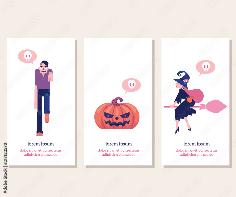 Halloween vertical banners set with traditional symbols of holiday in flat vector illustration - witch on broomstick, walking zombie with hole in skull and carved pumpkin for greeting or invitation. Halloween vertical banners set with traditional symbols of holiday in flat vector illustration - witch on broomstick, walking zombie with hole in skull and carved pumpkin for greeting or invitation.