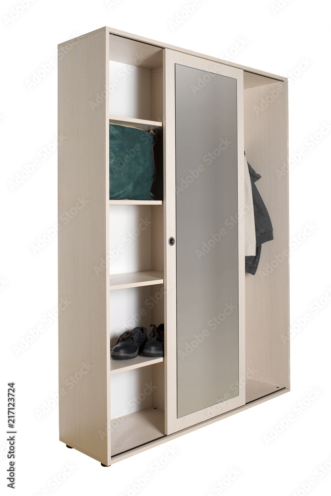 Closet interior showing the organizer shelving and rods with clipping path