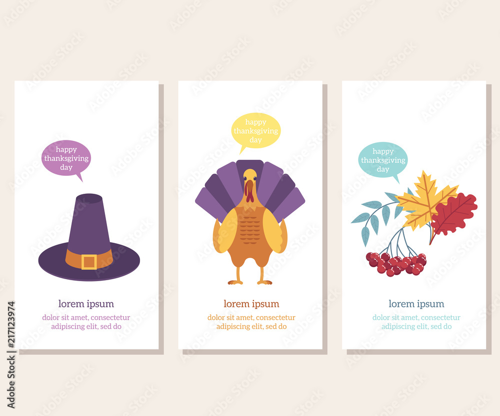 Thanksgiving day congratulation vertical banners set with images of traditional holiday symbols on white background - flat vector illustration of greeting cards for autumn family event.