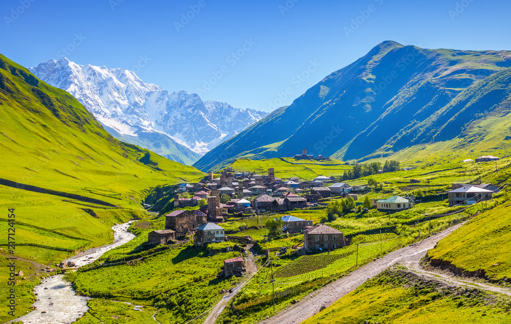 A good small Georgian village. Landscape with high mountains. Eco resort, relax for tourists. Location the Upper Svaneti, Georgia, Europe.