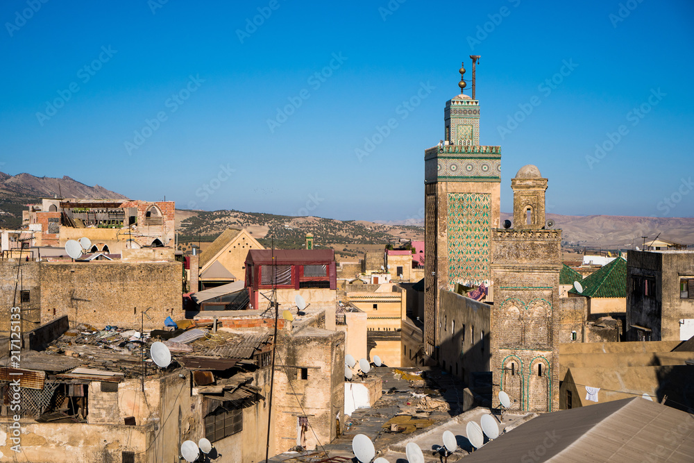 Rooftop view of old Fez medina and Bou Inania madrasa in Morocco