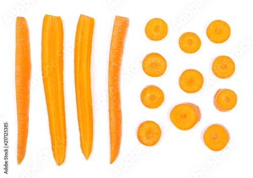 Carrots with slices isolated on white background, top view