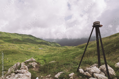 Republic of Adygea / Russia - July 28, 2018: Landmark on the footpath in the campaign on the Caucasian reserve