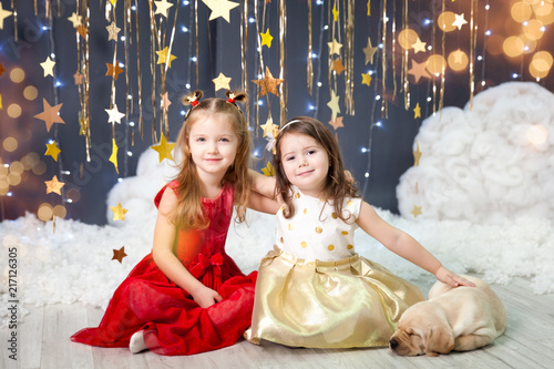 Girla with puppies in a studio with a gold stars decor photo