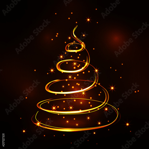 ector illustration of a greeting card with a bright abstract Christmas tree on a dark background