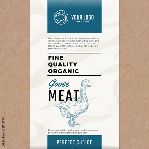 Fine Quality Organic Goose. Abstract Vector Meat Packaging Design or Label. Modern Typography and Hand Drawn Goose Silhouette. Craft Paper with Meat Texture Background Layout