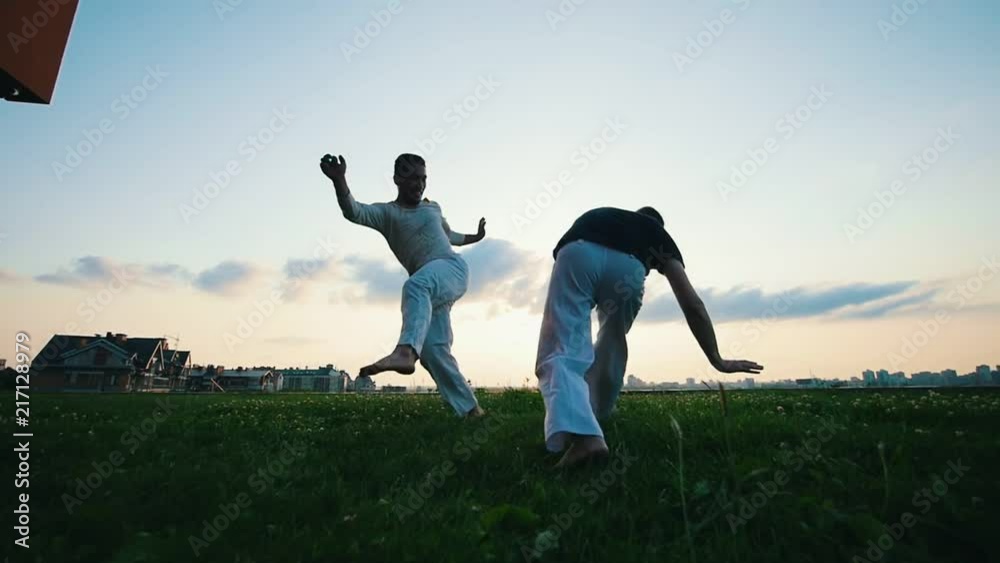 Two athletic men fighting each other on the grass at sunset Two athletic men fighting each other on the grass at sunset
