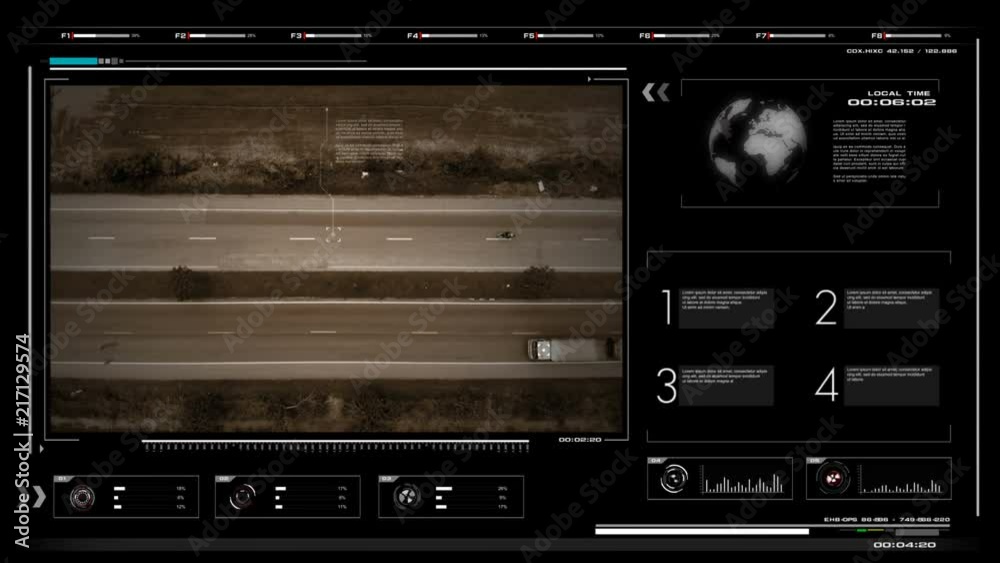 4K Animation of trandsport user interface HUD on dark background for cyber futuristic concept with grain processed