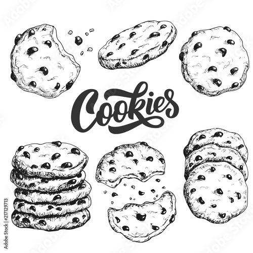 Sketch ink graphic cookies set illustration, draft silhouette drawing, black on white line art. Delicious vintage etching food design.