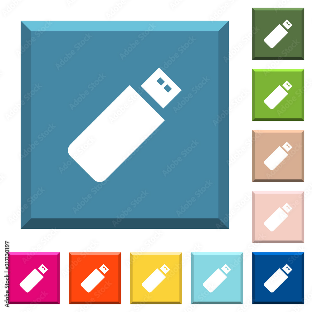 Pendrive white icons on edged square buttons Pendrive white icons on edged square buttons