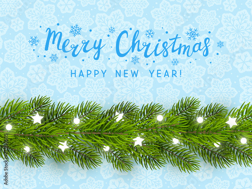 Greeting card with Christmas tree border on blue background