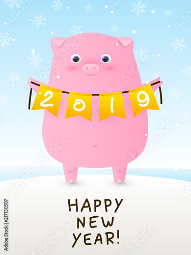 Greeting card with cute little pig - a symbol of the New Year 2019