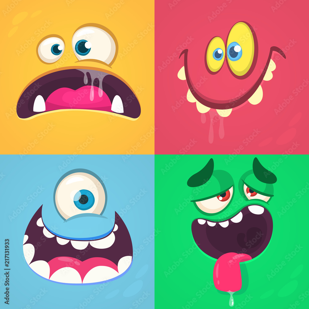 Cartoon monster faces set. Vector set of four Halloween monster faces. One eyed alien, smiling devil, scared troll, tired monster