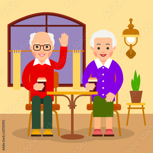 Old people drinking coffee in cafe. Aged man and woman sitting and holding coffee cups. Old couple having breakfast. Cartoon illustration isolated on white background in flat style