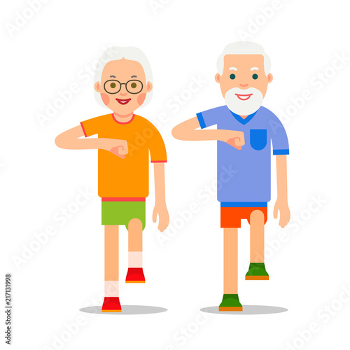 Old people and sport walking. Grandparents perform health gymnastics. Senior people doing physical activity. Adults making physical exercises. Cartoon illustration isolated on white background in flat