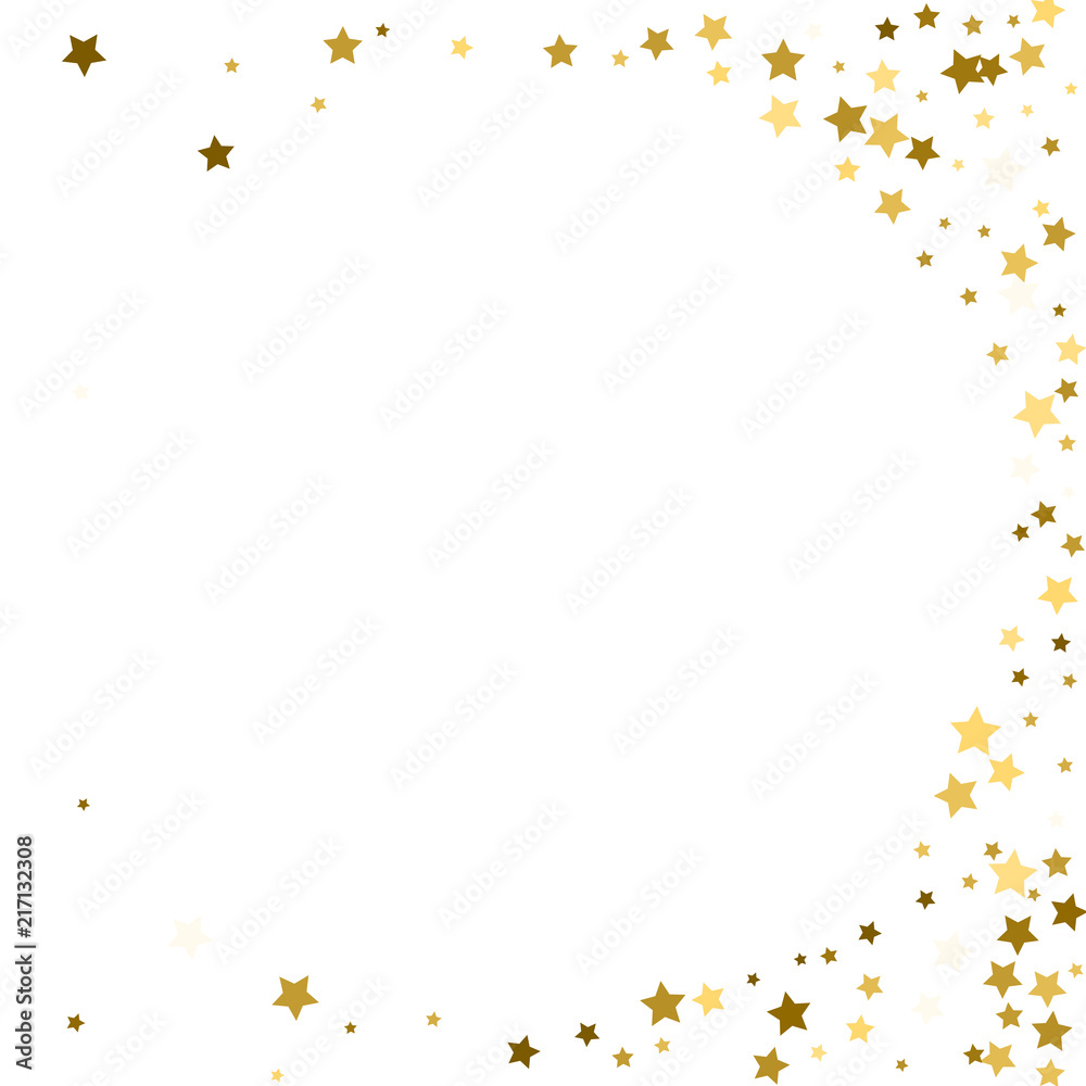 abstract vector round background with gold star elements. Glitter confetti circle, magic shining sparkles design. Decorative ring pattern on white with golden night sky objects. Frame for text.