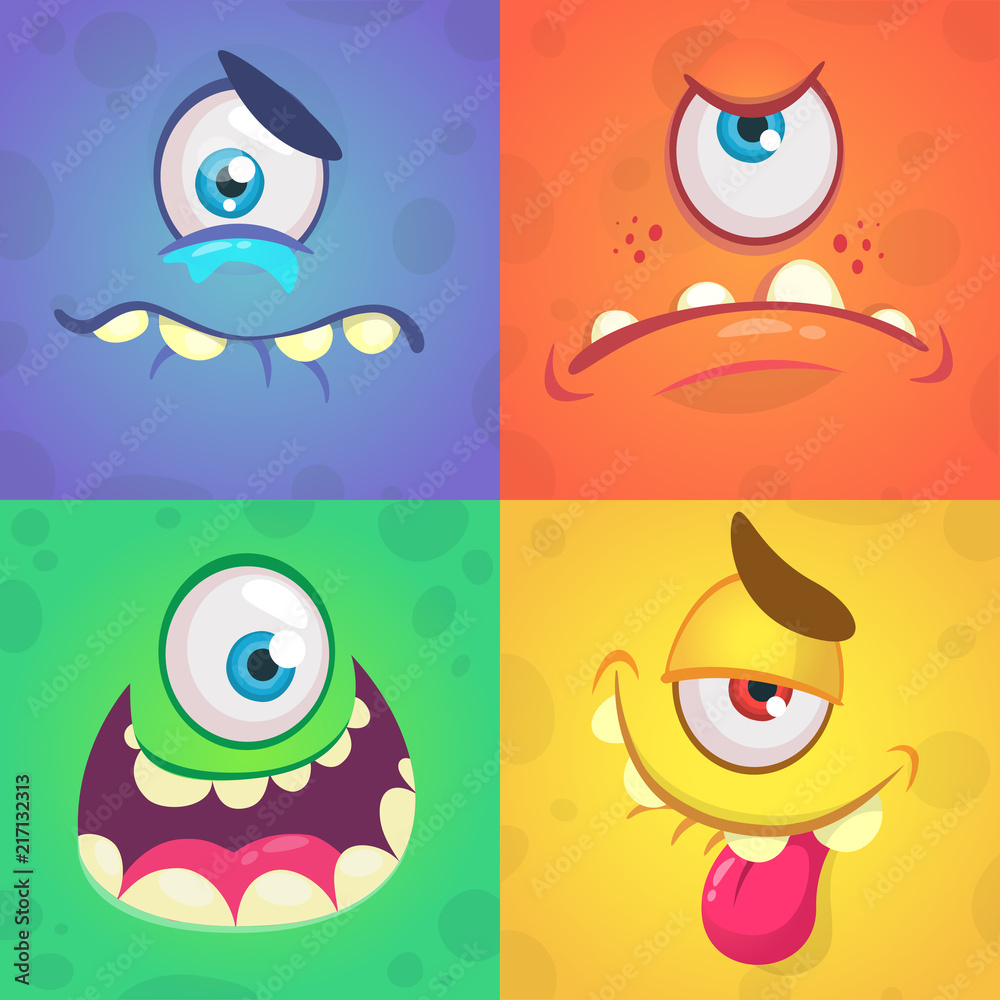 Fototapeta premium Cartoon monster faces set. Vector set of four Halloween monster faces with different expressions. Children book illustrations or party decorations