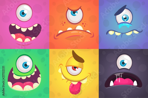 Cartoon monster faces set. Vector set of  Halloween monster faces with different expressions. 