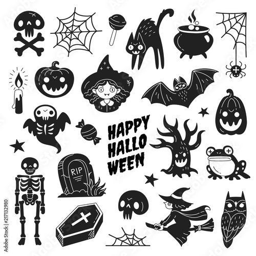 Happy Halloween icons collection. Vector illustration of funny black and white Halloween symbols such as skeleton  grave  skull  pumpkin  owl  toad  cat  ghost and a witch isolated on white.