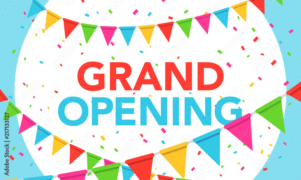 Vector Illustration grand opening advertising flyer banner template. Marketing business concept with party banderol Vector Illustration grand opening advertising flyer banner template. Marketing business concept with party banderol
