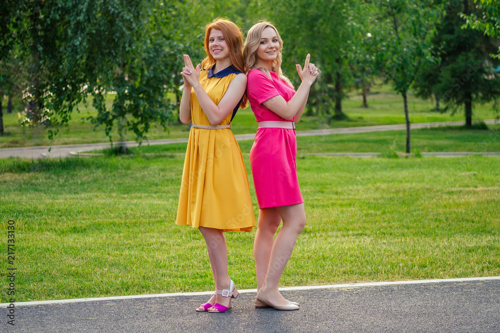 two active cheerful girlfriends beautiful young ginger redhead irish girl in a yellow dress and european blonde woman in a pink dress talking in the summer park . meeting two girlfriends two active cheerful girlfriends beautiful young ginger redhead irish girl in a yellow dress and european blonde woman in a pink dress talking in the summer park . meeting two girlfriends