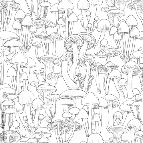 Mushrooms seamless pattern wallpaper. Line illustration black and white