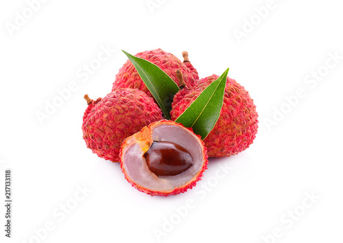 lychee with leaf isolated on white background.