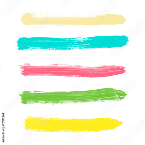 Set of yellow, green, turquoise, pink pastel powder color vector watercolor hand painted stripes, isolated white background. Collection of acrylic dry brush stains, strokes, geometric horizontal lines